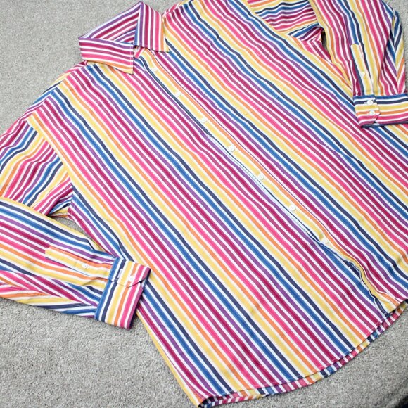 Bugatchi Uomo Shirt Mens 2XL XXL Red/Pink/Yellow Striped Cotton Long Sleeve - Picture 4 of 12